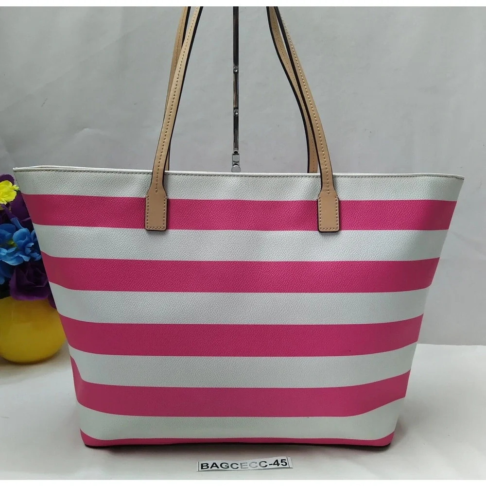 Kate Spade Pink Stripe Leather Trim Bow Double Handles Zipper Tote Shoulder Bag